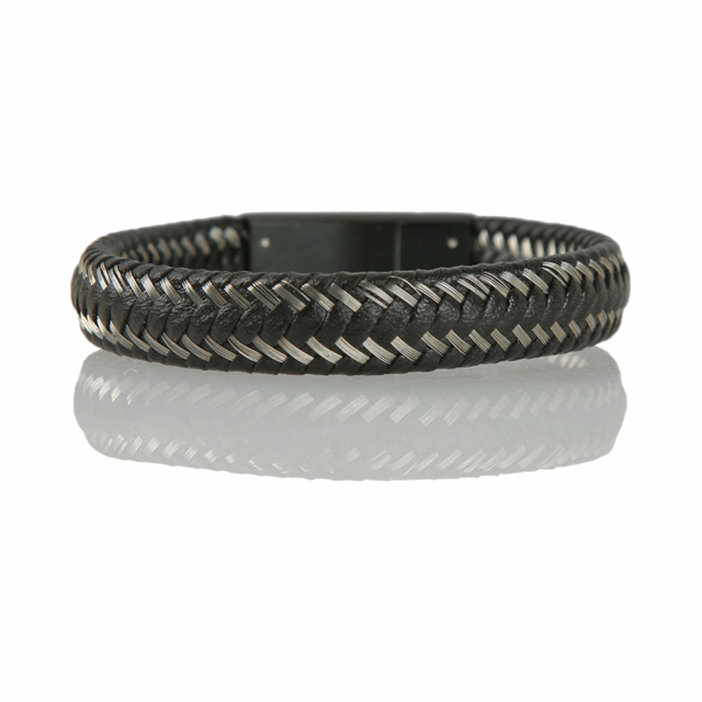 Silver and Black Braided Leather Cord Bracelet - Buttigo