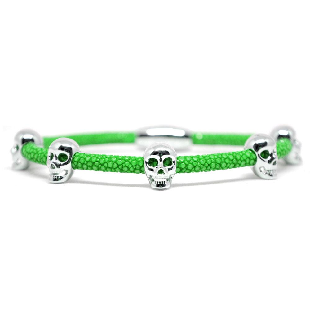 Skull Bracelet | Green with Silver Skulls | Double Bone