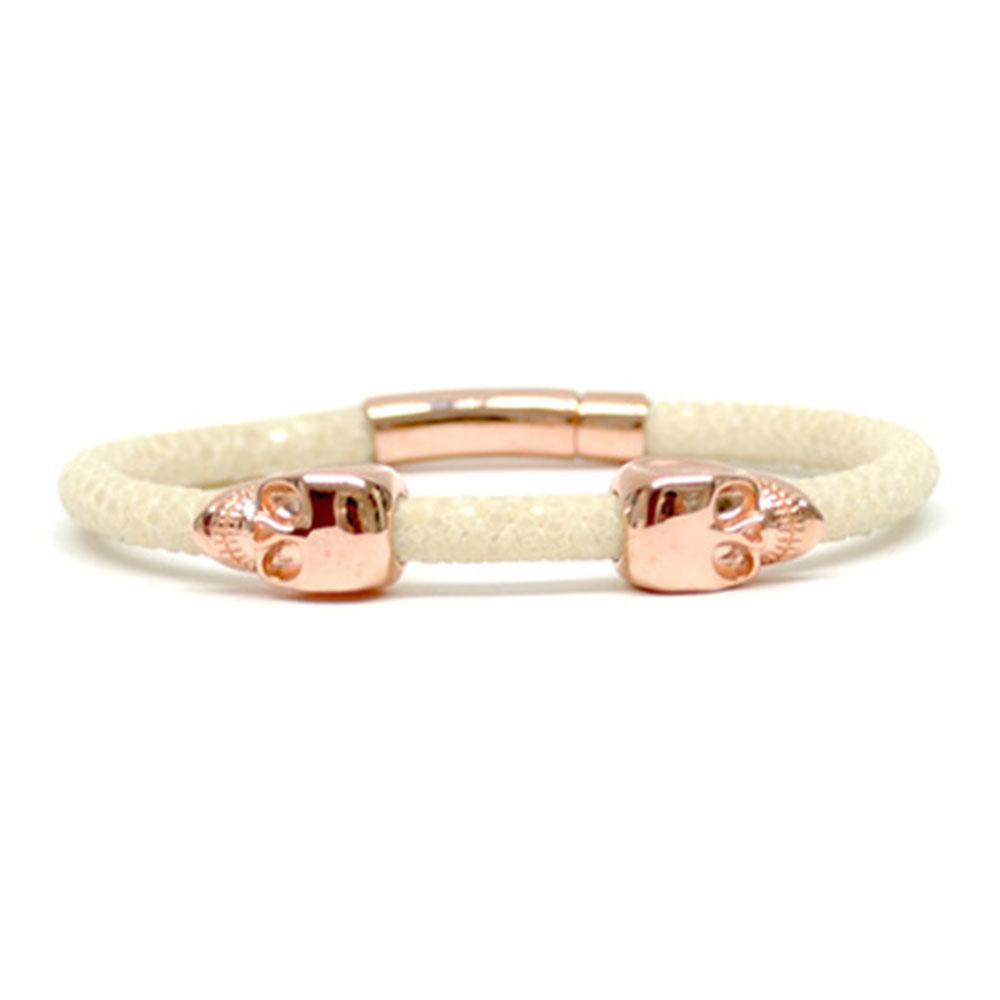 Skull Bracelet | White | 2 Rose Gold Skulls | Double Bone