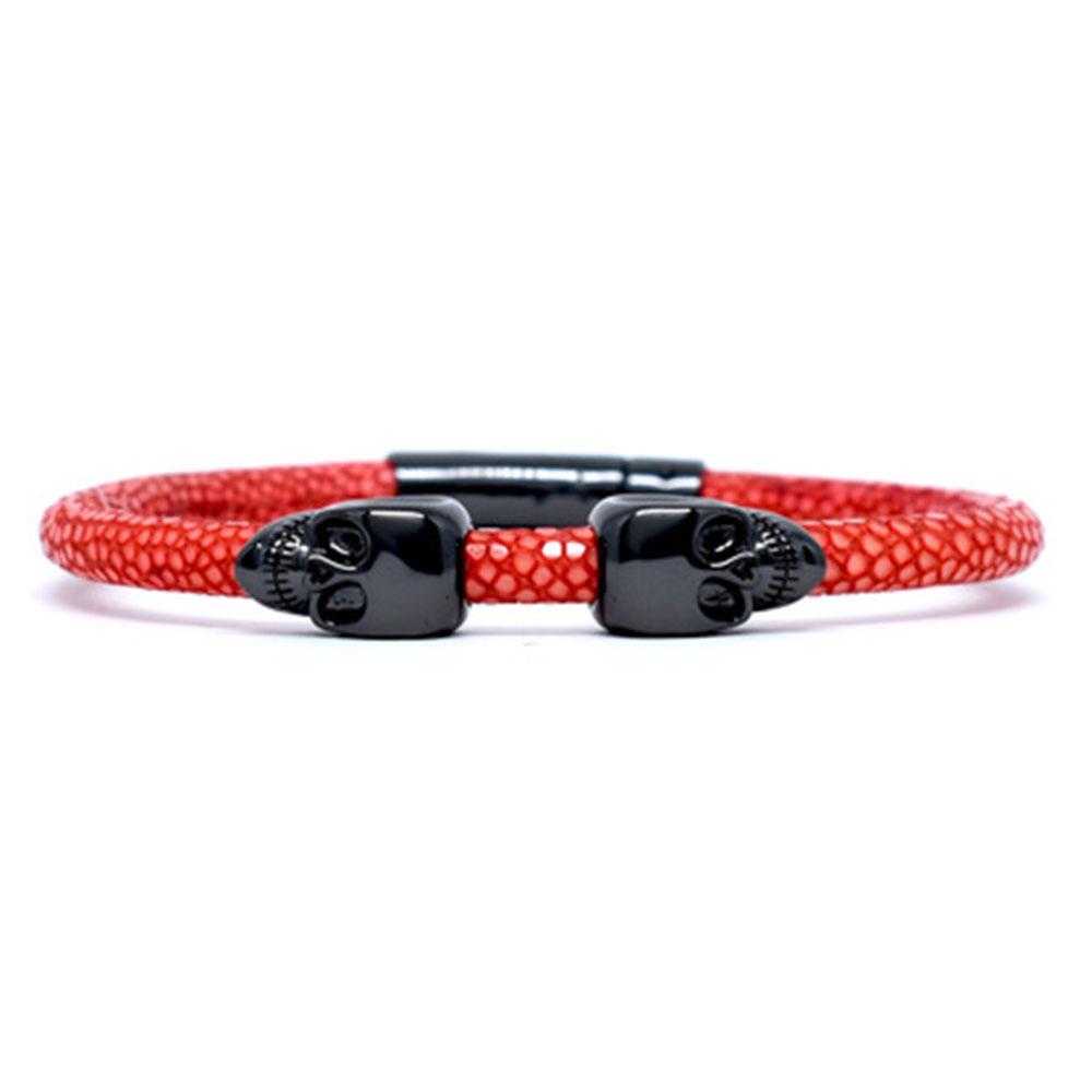 Skull Bracelet | Red | 2 Black Skulls | Double Bone